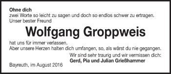 Anzeige von Wolfgang Groppweis von Nordbayerischer Kurier