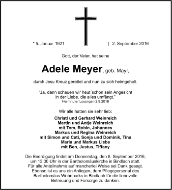 Anzeige von Adele Meyer von Nordbayerischer Kurier