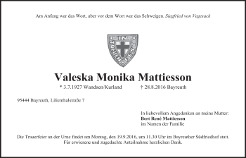 Anzeige von Valeska Monika Mattiesson  von Nordbayerischer Kurier