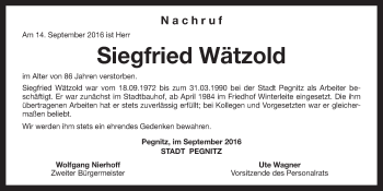 Anzeige von Siegfried Wätzold von Nordbayerischer Kurier