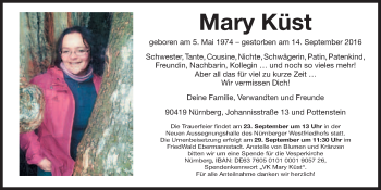 Anzeige von Mary Küst von Nordbayerischer Kurier