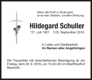 Anzeige von Hildegard Schuller von Nordbayerischer Kurier