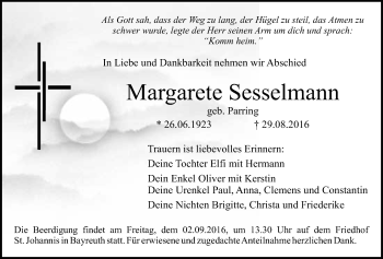 Anzeige von Margarete Sesselmann von Nordbayerischer Kurier