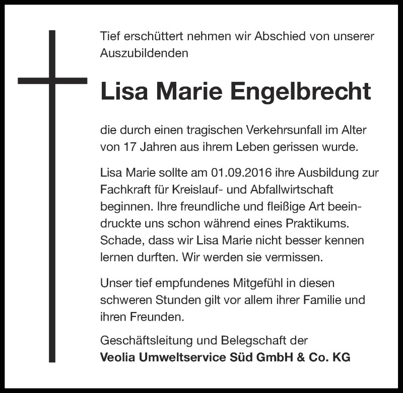  Traueranzeige für Lisa Marie Engelbrecht vom 13.09.2016 aus Nordbayerischer Kurier