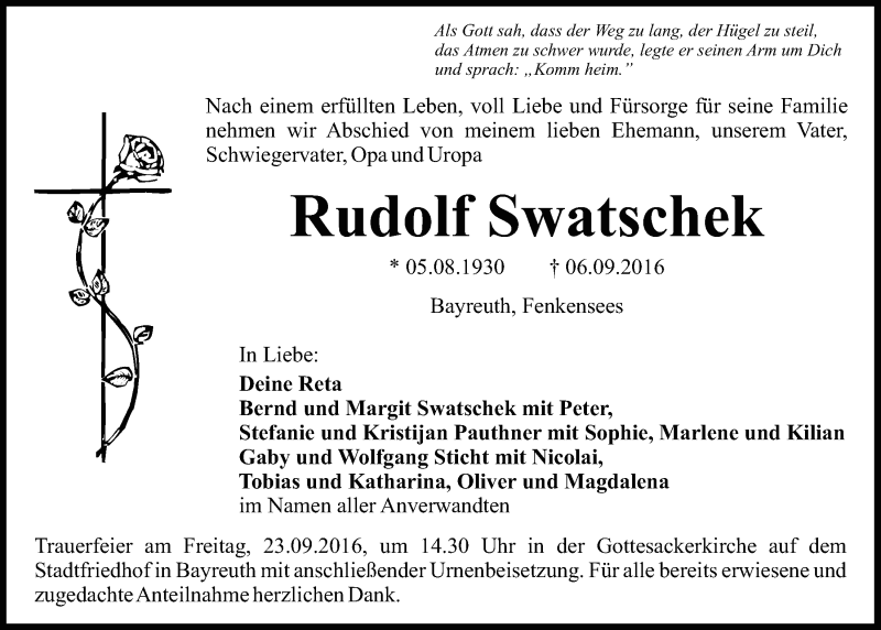  Traueranzeige für Rudolf Swatschek vom 20.09.2016 aus Nordbayerischer Kurier