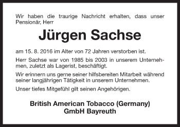 Anzeige von Jürgen Sachse von Nordbayerischer Kurier
