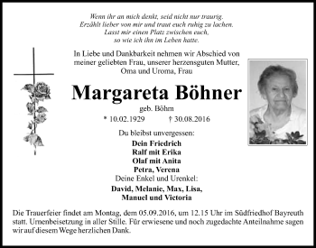 Anzeige von Margareta Böhner von Nordbayerischer Kurier