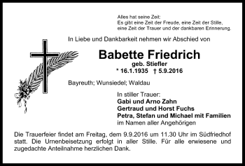 Anzeige von Babette Friedrich von Nordbayerischer Kurier