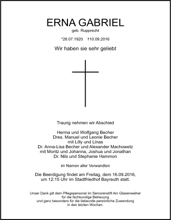 Anzeige von Erna Gabriel von Nordbayerischer Kurier