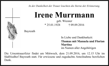 Anzeige von Irene Murrmann von Nordbayerischer Kurier
