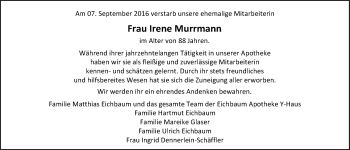 Anzeige von Irene Murrmann von Nordbayerischer Kurier