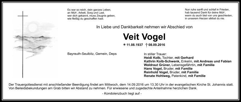  Traueranzeige für Veit Vogel vom 10.09.2016 aus Nordbayerischer Kurier