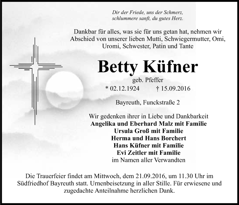  Traueranzeige für Betty Küfner vom 17.09.2016 aus Nordbayerischer Kurier
