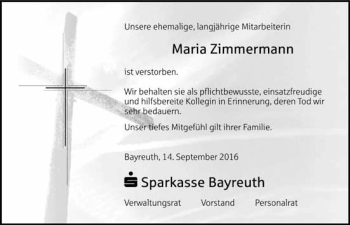 Anzeige von Maria Zimmermann von Nordbayerischer Kurier