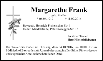 Anzeige von Margarethe Frank von Nordbayerischer Kurier