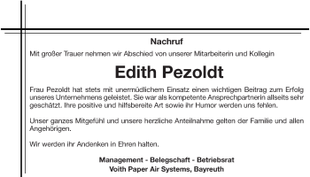 Anzeige von Edith Pezoldt von Nordbayerischer Kurier