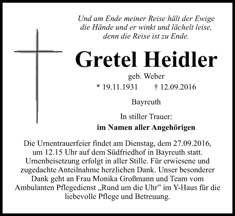  Traueranzeige für Gretel Heidler vom 24.09.2016 aus Nordbayerischer Kurier