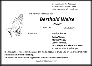 Anzeige von Berthold Weise von Nordbayerischer Kurier