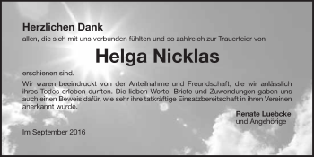 Anzeige von Helga Nicklas von Nordbayerischer Kurier