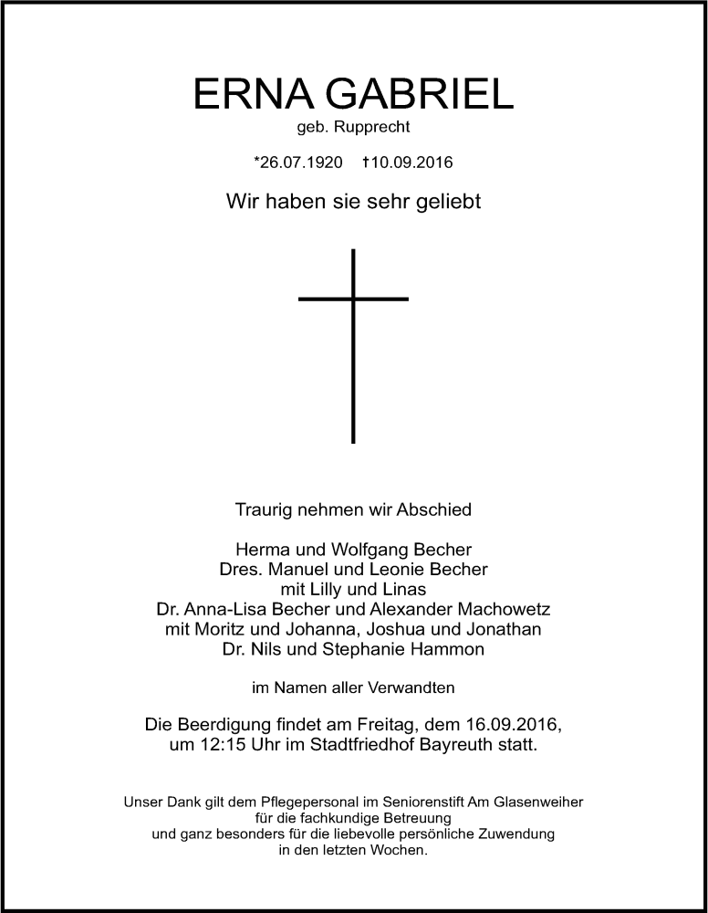  Traueranzeige für Erna Gabriel vom 13.09.2016 aus Nordbayerischer Kurier