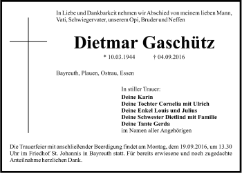 Anzeige von Dietmar Gaschütz von Nordbayerischer Kurier