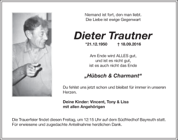 Anzeige von Dieter Trautner von Nordbayerischer Kurier
