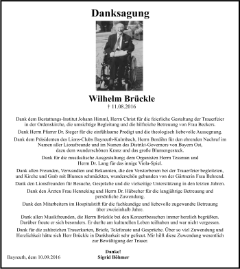 Anzeige von Wilhelm Otto Brückle von Nordbayerischer Kurier