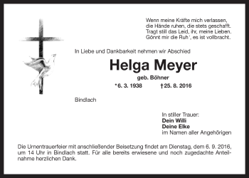 Anzeige von Helga Meyer von Nordbayerischer Kurier