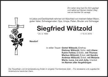 Anzeige von Siegfried Wätzold von Nordbayerischer Kurier