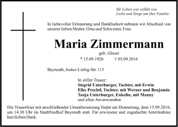 Anzeige von Maria Zimmermann von Nordbayerischer Kurier