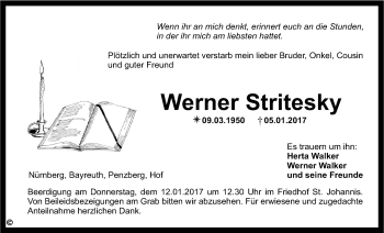 Anzeige von Werner Stritesky von Nordbayerischer Kurier