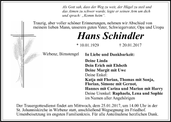 Anzeige von Hans Schindler von Nordbayerischer Kurier