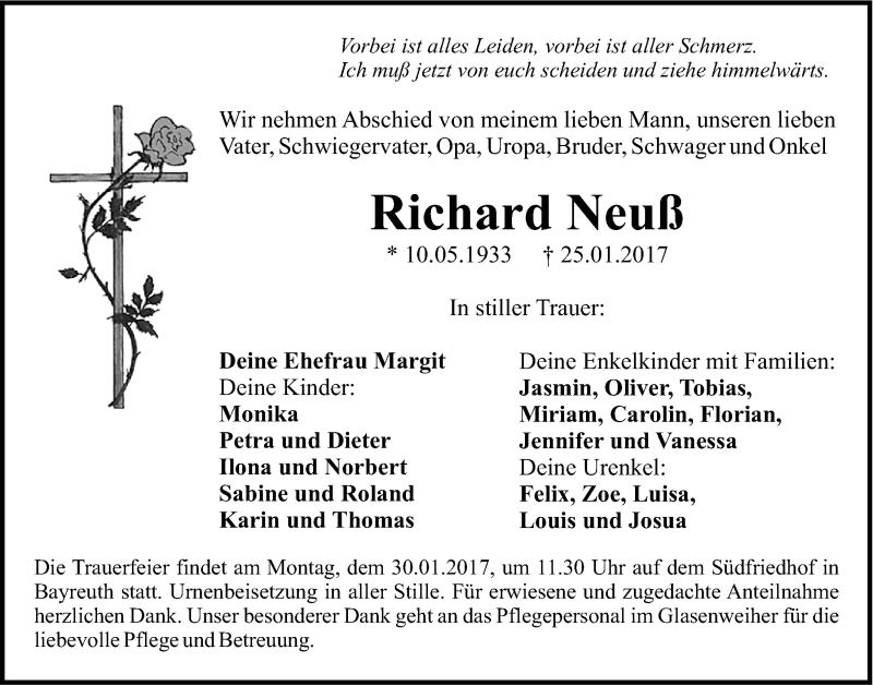  Traueranzeige für Richard Neuß vom 27.01.2017 aus Nordbayerischer Kurier