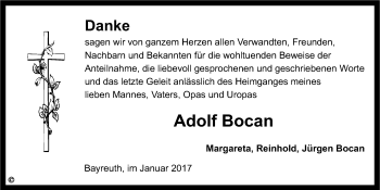 Anzeige von Adolf Bocan von Nordbayerischer Kurier