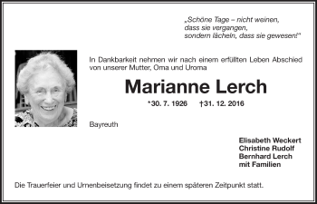 Anzeige von Marianne Lerch von Nordbayerischer Kurier