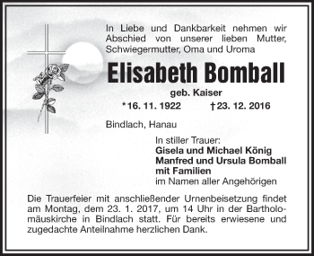 Anzeige von Elisabeth Bomball von Nordbayerischer Kurier