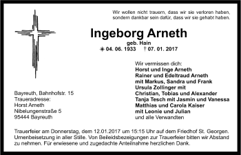Anzeige von Ingeborg Arneth von Nordbayerischer Kurier