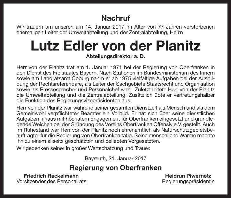  Traueranzeige für Lutz Edler von der Planitz  vom 21.01.2017 aus Nordbayerischer Kurier