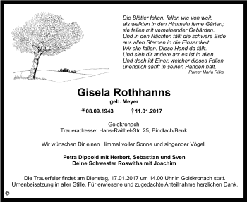 Anzeige von Gisela Rothhanns von Nordbayerischer Kurier