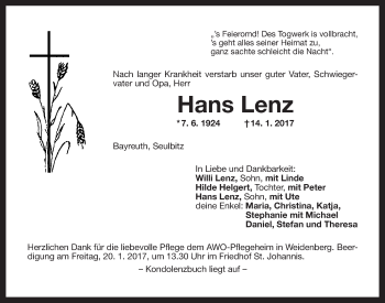 Anzeige von Hans Lenz von Nordbayerischer Kurier