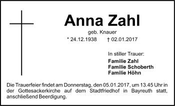 Anzeige von Anna Zahl von Nordbayerischer Kurier