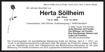 Anzeige von Herta Söllheim von Nordbayerischer Kurier