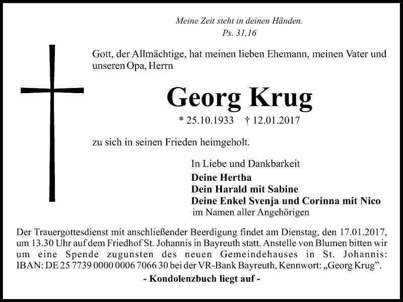  Traueranzeige für Georg Krug vom 14.01.2017 aus Nordbayerischer Kurier