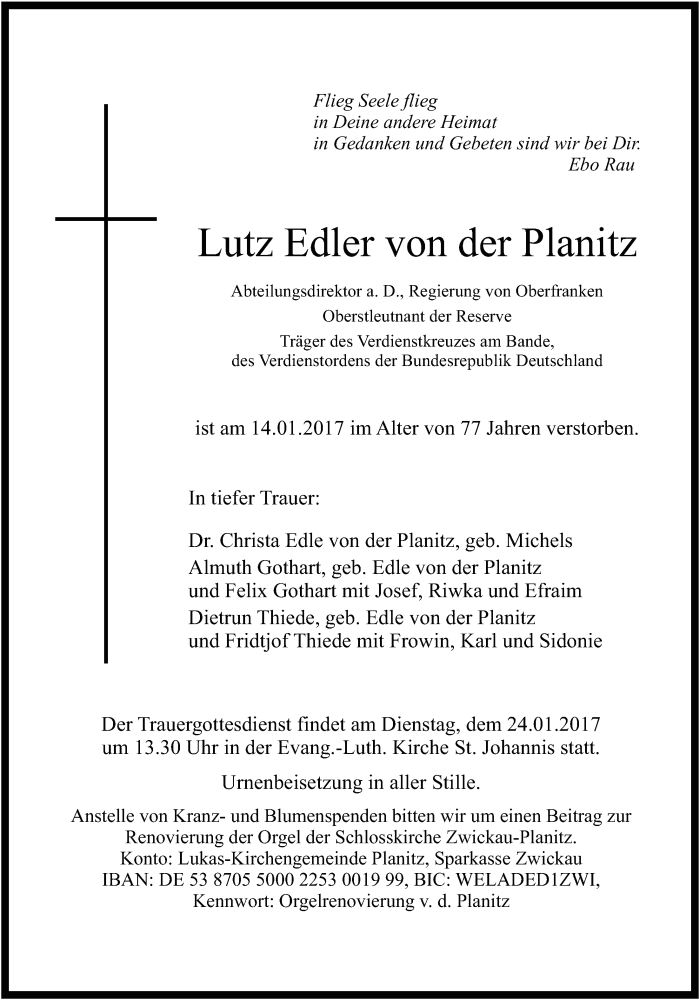  Traueranzeige für Lutz Edler von der Planitz  vom 21.01.2017 aus Nordbayerischer Kurier