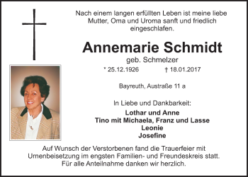 Anzeige von Annemarie Schmidt von Nordbayerischer Kurier