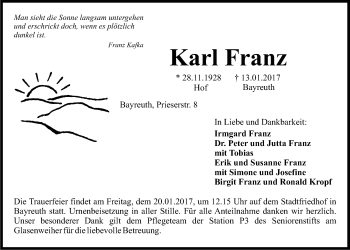 Anzeige von Karl Franz von Nordbayerischer Kurier