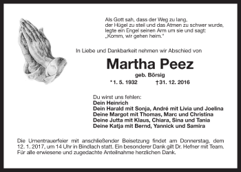 Anzeige von Martha Peez von Nordbayerischer Kurier