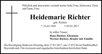 Anzeige von Heidemarie Richter von Nordbayerischer Kurier