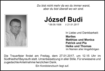 Anzeige von Jozsef Budi von Nordbayerischer Kurier