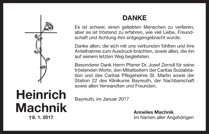  Traueranzeige für Heinrich Machnik vom 20.01.2017 aus Nordbayerischer Kurier